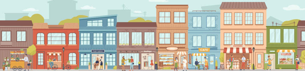 City small buildings facade exterior design. Vector urban street with local markets, flower florist shop, bakery and barbershop, clothing boutiques and cafes, restaurants and cafeterias, people
