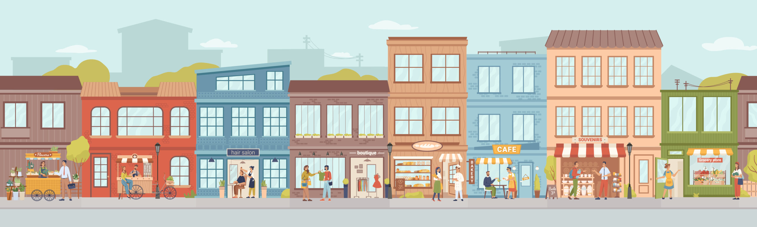 City small buildings facade exterior design. Vector urban street with local markets, flower florist shop, bakery and barbershop, clothing boutiques and cafes, restaurants and cafeterias, people